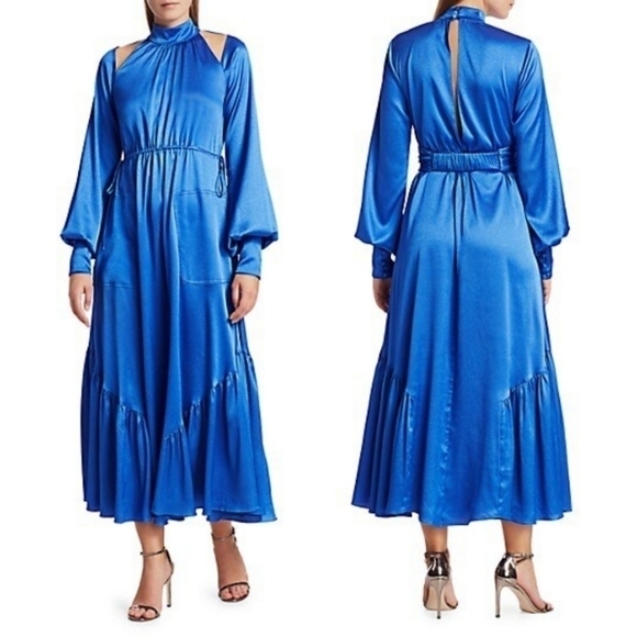 New Alexis Calypsa Satin Long-Sleeve Flare Azure Blue Dress NWT Size M (4- 6 US) - Picture 4 of 16